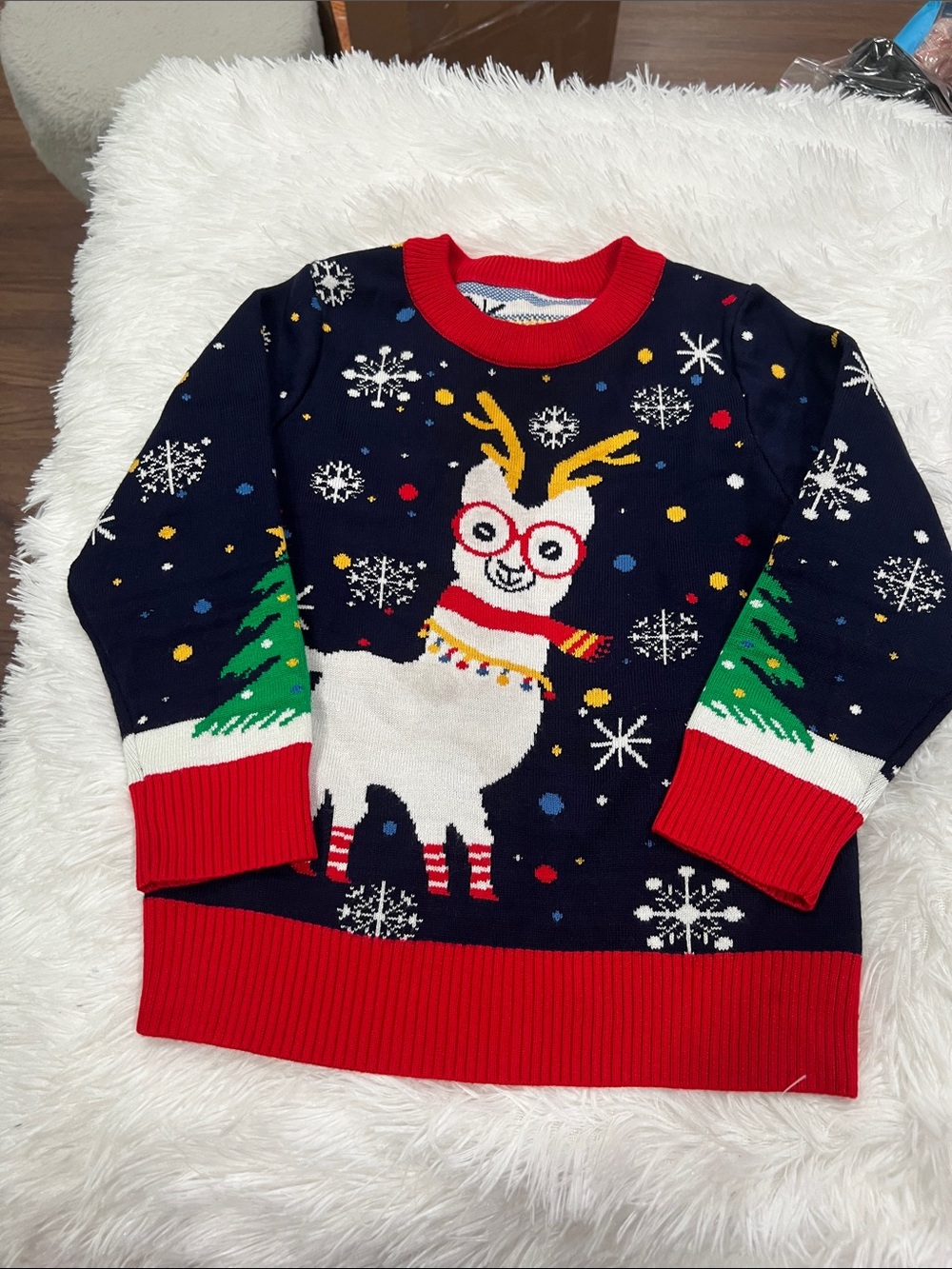 Men's Navy Holiday Llama Sweater with Red Trim